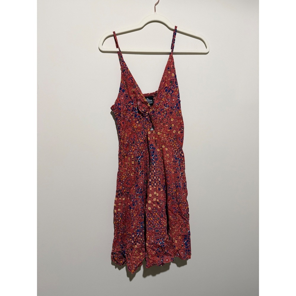 Angie Women Red Paisley Floral Mini Dress V-Neck Knot Front Rayon Size L NWT